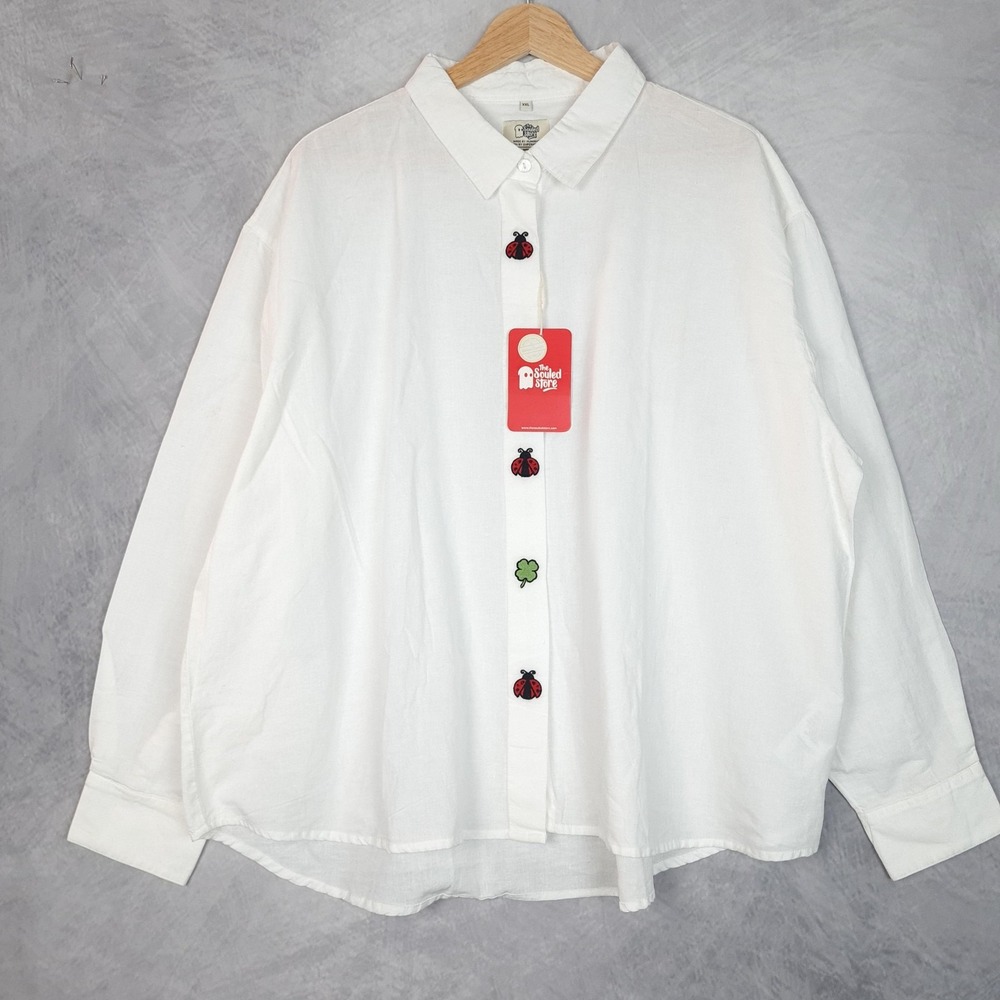 The Souled Store Shirt Womens XXL Lucky Clover Ladybug Embroidered Relaxed